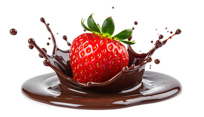 A vibrant strawberry at the center of a splash of rich, dark liquid