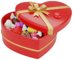 Heart shaped red chocolate box filled with colorful candies and golden ribbon on transparent background