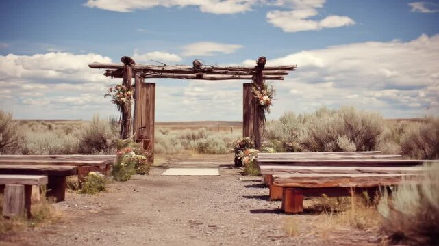 Rustic outdoor wedding setting. Wooden arbor with floral decorations, benches line the aisle, blue sky background