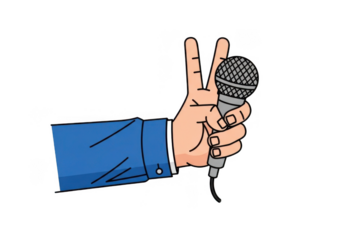 Person holding microphone with peace sign isolated on transparent background