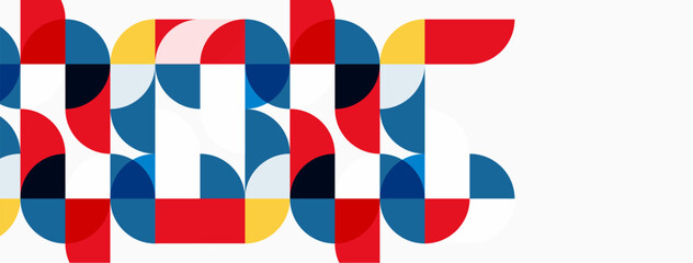 Fototapeta premium Abstract geometric pattern. Circles, squares overlap creating colorful design. Modern aesthetic, vibrant hues dominate composition.