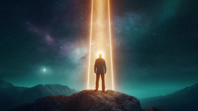 A man's Epiphanie beneath a cosmic light beam, a moment of profound realization and connection