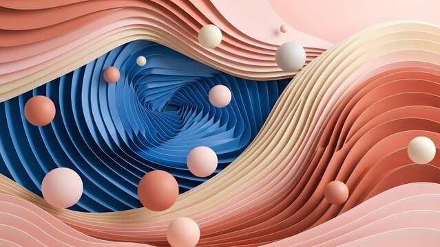 an abstract composition featuring layered paper waves in shades of coral beige and blue with floating spheres on transparent background