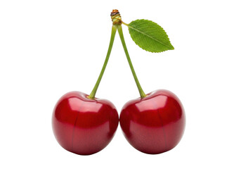 Two ripe cherries with leaf isolated on transparent background