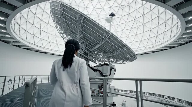 Woman scientist in lab coat observing large satellite dish inside modern scientific research facility
