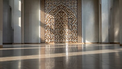 Sunlight and shadows illuminate the polished floor and intricate Islamic mosaic archway in a grand hall interior.