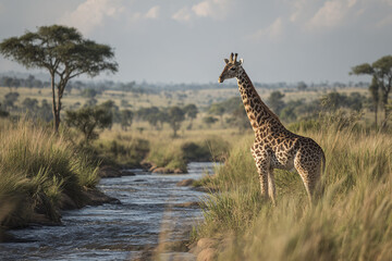 Obraz premium Giraffe standing near river in savanna landscape with tall grass and scattered trees under cloudy sky during daytime