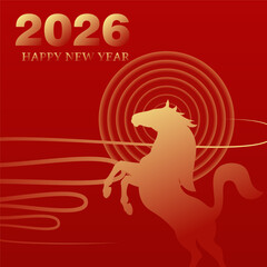 Happy New Year 2026 Red Background with Horse Silhouette and Golden Circular Oriental Pattern
