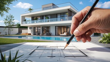 Architectural design of modern villa with swimming pool blueprints and pencil for planning future house