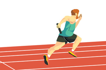 Obraz premium Male athlete running on a red track with baton in hand during a relay race. A moment of speed and focus.