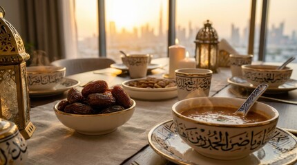 Ramadan Iftar Table Setting with Dates Soup and Traditional Lanterns Against a Sunset City Skyline View