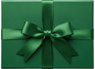 Green gift box wrapped with elegant satin ribbon and big bow viewed from above