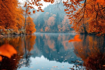 A serene autumn landscape with a calm lake reflecting the vibrant colors of the surrounding trees, creating a picturesque scene of nature's beauty.