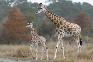 Fototapeta premium Giraffe calf walking beside mother in natural grassland with autumn trees in background, showing tender bond and gentle movement in wildlife habitat