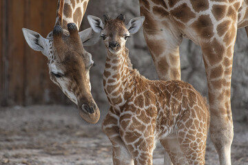Obraz premium Giraffe calf standing close to mother with patterned fur in natural habitat showing gentle bond and protective care