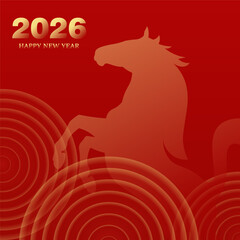 Happy New Year 2026 Vector Background with Horse Silhouette in Red and Gold Style