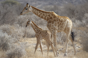 Fototapeta premium Giraffe calf learning to walk beside mother in dry savannah landscape with sparse bushes and muted natural colors, showing gentle bond and protective care