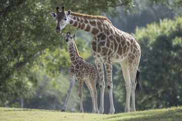 Giraffe calf learning to walk beside mother in natural green environment with sunlight filtering through trees creating peaceful and nurturing wildlife scene