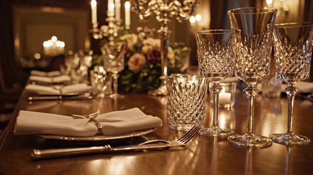 Cinematic slow motion dolly shot across a meticulously set empty wooden dining table with reflecting glassware under warm ambient lighting lighting, texture, atmosphere