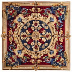 Symmetrical Ornate Ceiling Medallion with Floral Scrollwork and Colorful Classical Motifs