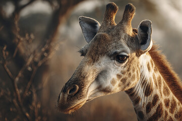 Obraz premium Giraffe calmly observing surroundings with soft light highlighting its textured fur and expressive eyes in natural habitat setting during golden hour