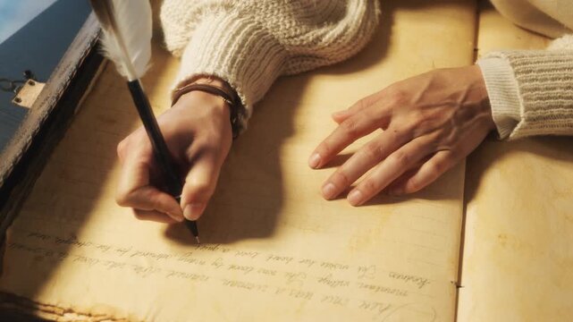 Detailed shot of a hand writing in cursive with a feather quill. A nostalgic and artistic scene celebrating the slow art of journaling, poetry, and traditional calligraphy.