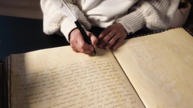 Woman writing handwritten text in old journal indoors, calm mood, vintage writing with quill pen, mindful slow living atmosphere.