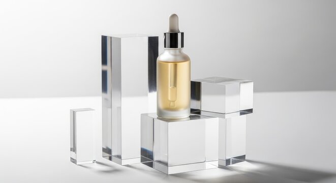 Elegant serum bottle on modern glass blocks for skincare advertising