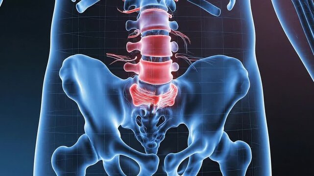 Anatomical Pelvis Illustration with Spinal Vertebrae and Blue X-Ray Grid Visualization in a Health and Medical