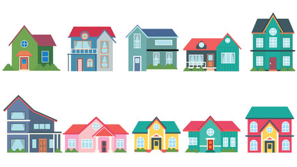 Fototapeta premium Minimalist flat illustration set of ten colorful cute houses. Various residential designs perfect for real estate, neighborhood maps, architecture, and housing themes design works