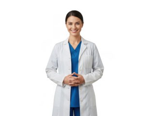 Full-body portrait of a cheerful and confident female doctor or medical professional in a white lab coat and blue scrubs, smiling at the camera on a white background, representing trusted healthcare.