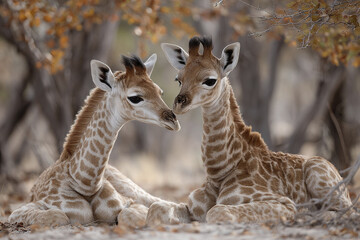 Obraz premium Two young giraffe calves gently interacting while resting on ground in natural dry forest setting with soft autumn colors creating warm and tender atmosphere
