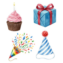 Watercolor birthday party set with cupcake, hat, gift and confetti isolated
