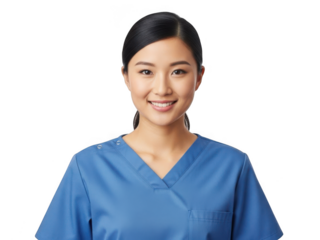 Portrait of a friendly and confident young Asian female nurse or doctor in blue medical scrubs, smiling at the camera on a clean white background, embodying compassionate healthcare.