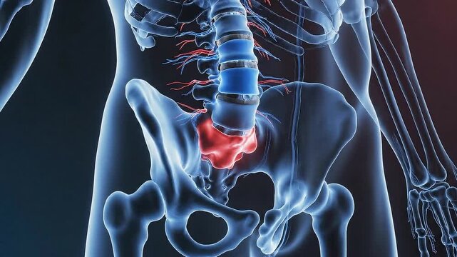 Anatomical Render of Human Pelvis and Spine Showing Bone Structure with Blue Hue Medical Visualization 3D Animation for