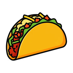 Vibrant 2D flat style vector illustration of a single crispy hard shell taco filled with savory meat, fresh lettuce, tomatoes, and cheese. Delicious Mexican food icon for design