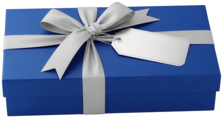 Elegant blue gift box wrapped with luxurious silver ribbon and bow ready for special occasion isolated on transparent background