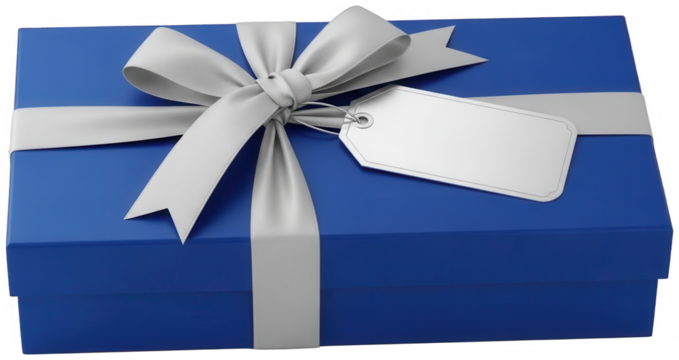 Elegant blue gift box wrapped with luxurious silver ribbon and bow ready for special occasion isolated on transparent background - Powered by Adobe