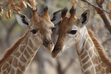 Naklejka premium Two young giraffe calves showing affection in natural environment with dry leaves and blurred background, capturing tender moment of wildlife connection and gentle interaction