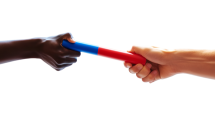 Close-up of Athletes Passing a Yellow Relay Baton Against a White Background, Teamwork and Cooperation Concept