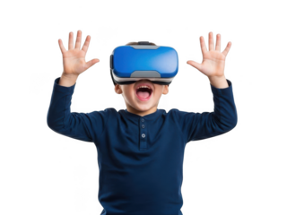 Excited Young Boy Experiencing Virtual Reality with a Blue VR Headset, Hands Up in Awe and Joy on White Background.