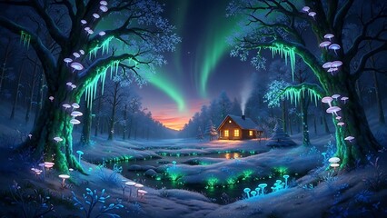 Enchanted Winter Forest with Northern Lights and Glowing Mushrooms.