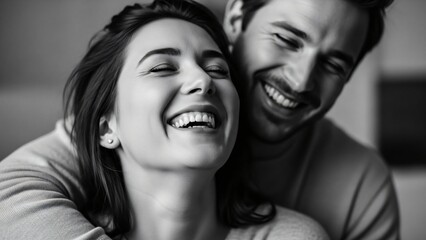 Fototapeta premium Black and white intimate portrait of a couple laughing together, shallow focus, calm and emotional mood