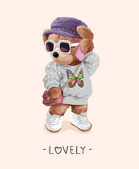 lovely slogan with bear doll in butterfly dress and sunglasses vector illustration - drawn by hand
