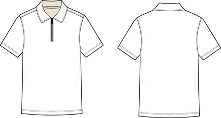 Men zip polo shirt technical fashion illustration, front back view short sleeve collared casual apparel flat vector © MDSOBAHAN