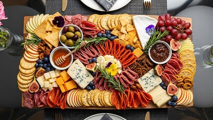 Overhead view of a bountiful charcuterie and cheese board