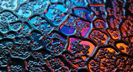 A vibrant and colorful abstract pattern of iridescent bubbles on a dark background