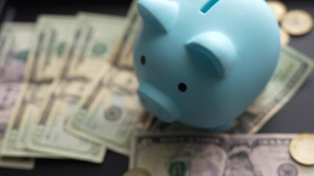 Detailed close-up shot of a blue piggy bank surrounded by dollar bills and coins, symbolizing saving money and emergency fund creation. Soft lighting highlights financial theme.