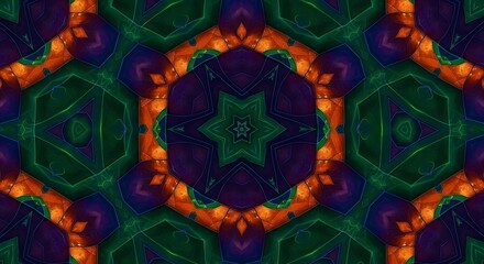 A vibrant and intricate kaleidoscope pattern with symmetrical shapes and colors