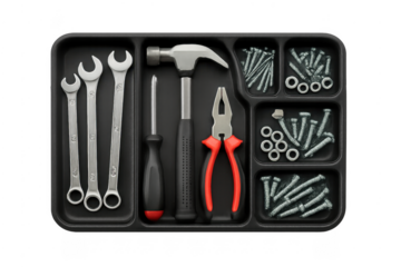 Utility tools kit with wrenches, hammer and bolts
